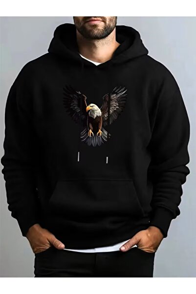 PENTHİLUS سويت شيرت rkek Black Eagle مطبوع بغطاء رأس – جيب كنغر