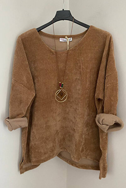 AYASOFYA OTANTIK Women's Italian Cappuccino Casual Overseize Long Sleeve Velvet Blouse Tunic with Necklace Accessories