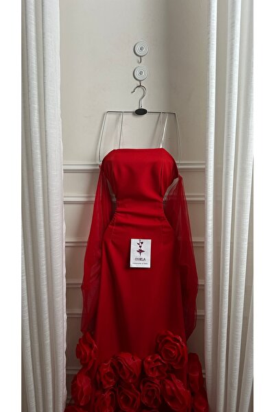 Onila Red dress with roses at the bottom and a long shawl at the back