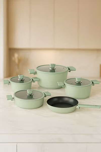 ozo 9 Pcs Granitec Cookware Set With Lid Oyester Soft jade Green Made in Turkiye | 3933