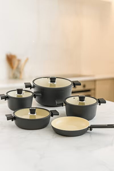 ozo 9 Pcs Granitec Cookware Set With Lid Oyester Carbon Black Made In Turkiye | 3933