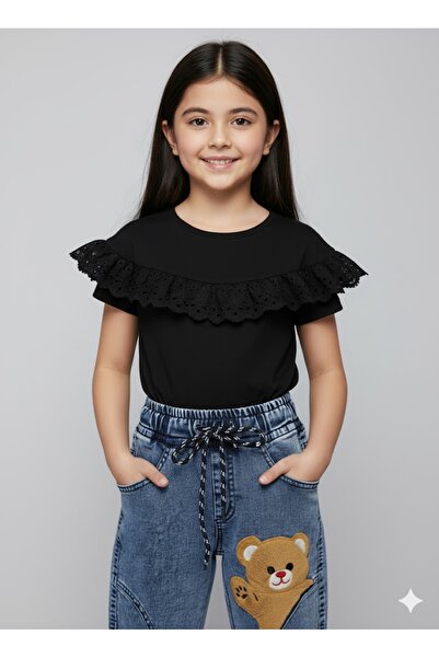 MQ بنطلون جينز بناتي بخصر عالي مطاطي طبعة دبدوب