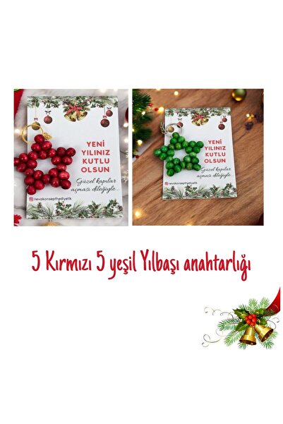 kemborn Yılbaşı yeni yıl hediyelik ahşap boncuk yıldız anahtarlık 5 yeşil 5 k...