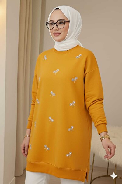 azram Bowknot Sequin and Pearl Embroidered Hijab Tunic in Olive Green