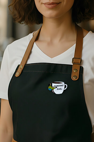 gokmentoy Kahve Seven Kadın Morning Fuel Kahve Temalı Barista Rozet El Boyaması Ahşap Broş