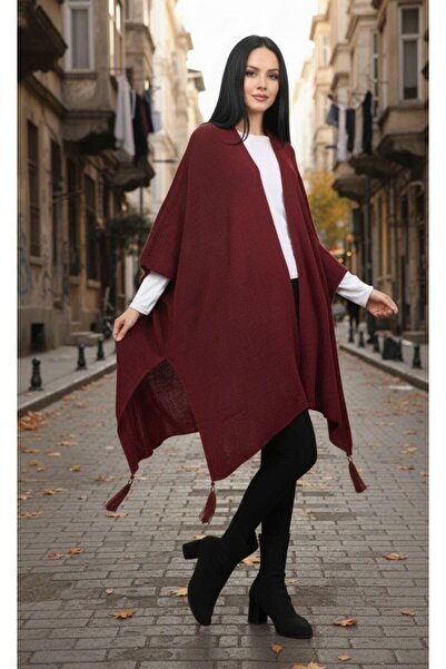 Cockatoo Women's Fringe Detailed Oversized Knitwear Poncho Seasonal Shawl Cardigan (Soft Textured)