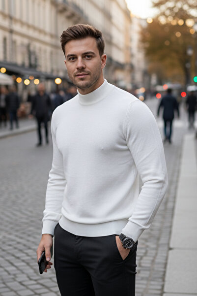 NAZEF Slim Fit 50% Cotton Half Fisherman White Knit Sweater