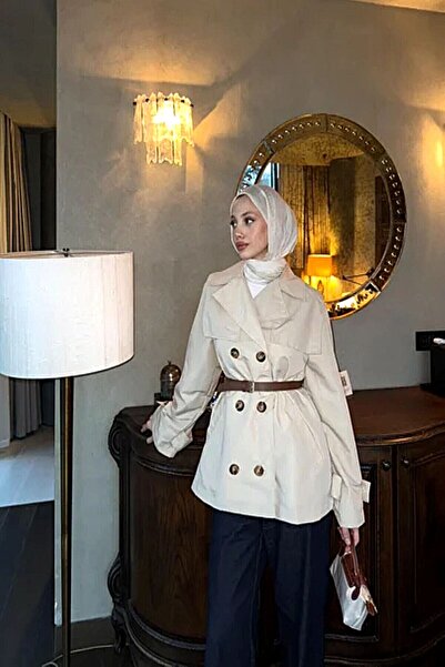 Gülşah collection Double-Breasted Collar Leather Belted Trench Coat - Beige