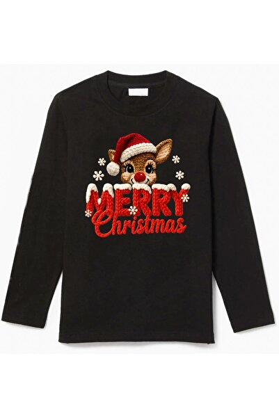 Efendioğlu Design Uzun kollu Geyik merry christmas baskılı pamuklu nakış bask...