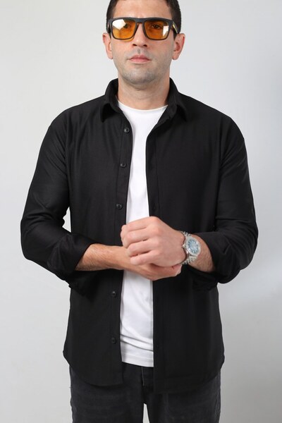 Ofzensport Slim Fit Men's Transitional Ottoman Fitted Shirt Black