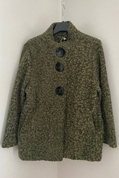 AYASOFYA OTANTIK Women's Italian Khaki Green Asymmetrical Large Buttoned Felt Coat with Pockets
