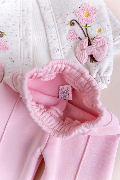 Babymod Baby Girl Cardigan Three Thread Raised Flower Embroidered 100% Cotton 3-Piece Set