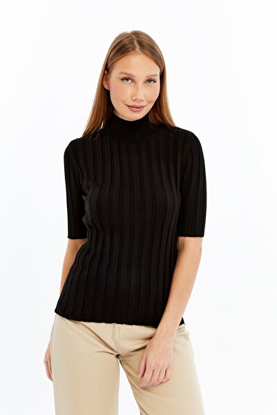 MA ananas Mock Neck Short Sleeve Corded Fabric Knitwear Sweater