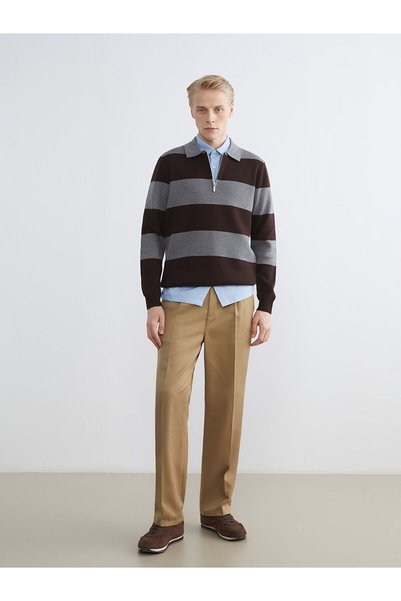 LC Waikiki Lcw Vision Brown Knitwear Striped Polo Collar Men's Sweater with Nevavm Difference
