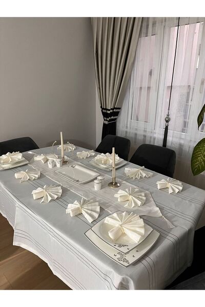 BRL ÇEYİZ HOME Colber Çizgi Detaylı Dertsiz Masa Örtüsü Yemek Takımı 12 Kişil...
