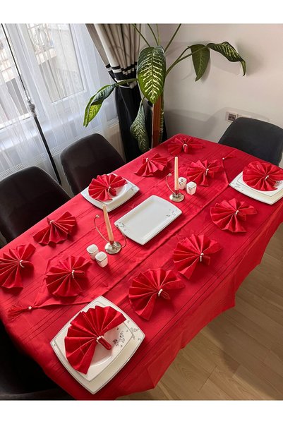 BRL ÇEYİZ HOME Colber Stripe Detailed Worry-Free Tablecloth Dinner Set for 12 People 26 Pieces - Table 160X220