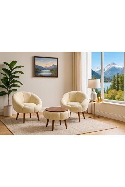 KOKİ DESİGN LİDA Krem Wellsoft Peluş Kumaş İkili Berjer Seti ÖZEL SEHPALI (Sa...