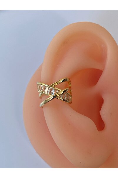 kurukafagift Zirkon Taşlı Earcuff Küpe Sıkıştırmalı Deliksiz Kullanım Çapraz ...