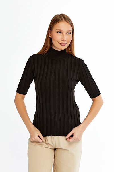 MA ananas Mock Neck Short Sleeve Corded Fabric Knitwear Sweater