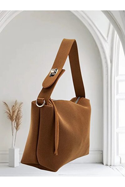 H&D COLLECTİON Burgundy Suede Women's Shoulder Bag with Double Handles and Inner Pocket Detail