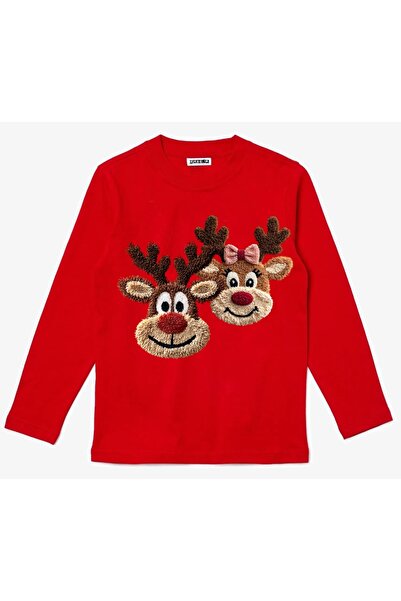 Efendioğlu Design Long-Sleeved 2 Deer Embroidery Image Printed Christmas New Year Printed Cotton Children's T-Shirt