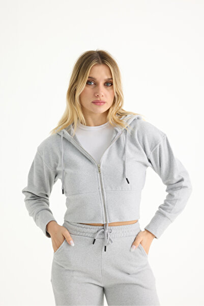 veres Liva Light Gray Hooded Cardigan and Sweatpants Thick Bottom-Top Set