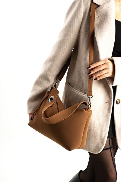 H&D COLLECTİON Tan Suede Women's Shoulder Bag with Double Handles and Inner Pocket Detail