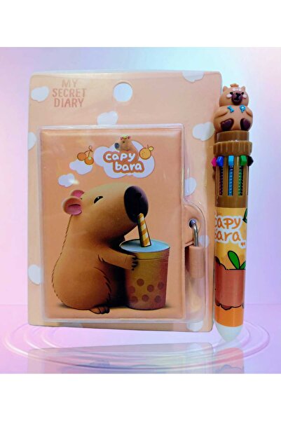 izmir yazici servis Capybara Kilitli Hatıra Defteri 10 Renk Yazabilen Kalem Hediyeli Set 8x11 Cm. 80 Yaprak Çizgli