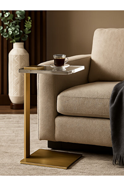 BEC60 C-Shape transparent side table with a gold base