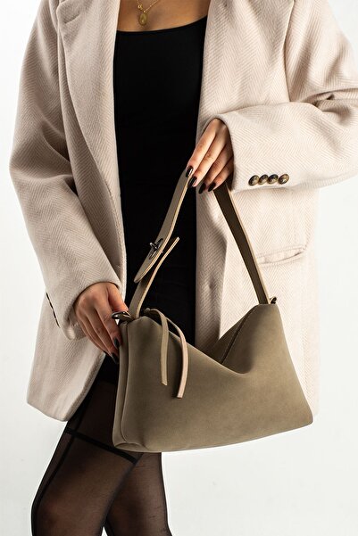 H&D COLLECTİON Mink Suede Women's Shoulder Bag with Double Handles and Inner Pocket Detail