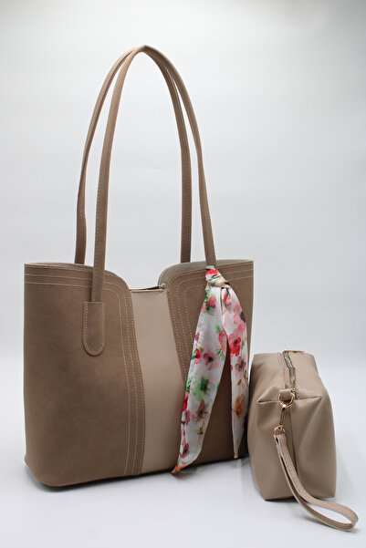 LASSO Women's Large Size Beige Scarf Detailed Puppy Suede Leather Hand, Arm and Shoulder Bag