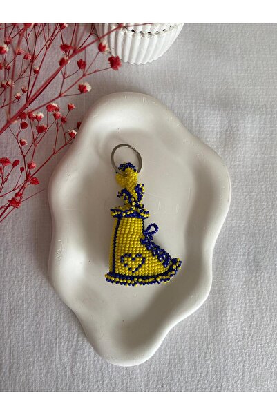 Handmade KUM BONCUK EL İŞİ SARI LACİVERT PATİK ANAHTARLIK