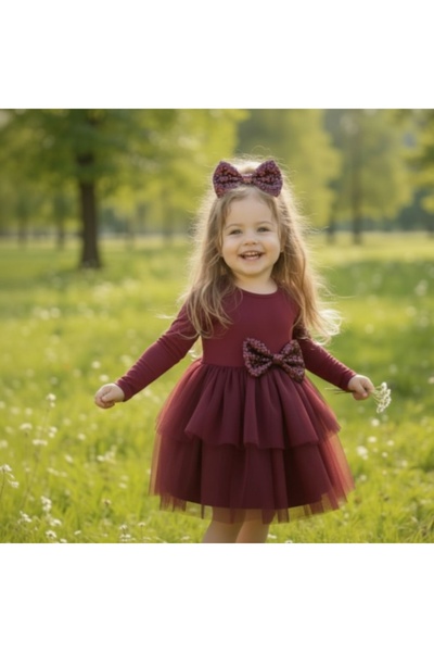 Milon Moda 2'li Bordo Hayal Tül Elbise, Pulpayet Fiyonk ve Toka