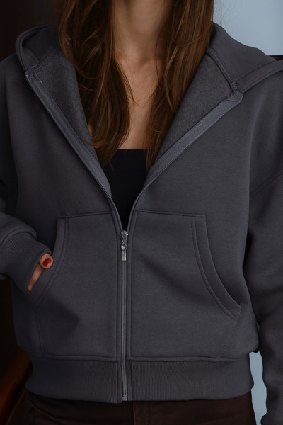 Mogi Butik Women's 3 Thread Fleece Lined Hooded Oversize Sweat Cardigan 3095