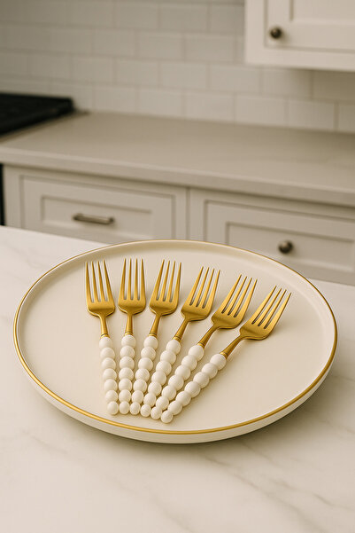 SYN AKSESUAR 6’lı Gold – Beyaz Saplı Lüks Yemek Çatal Seti