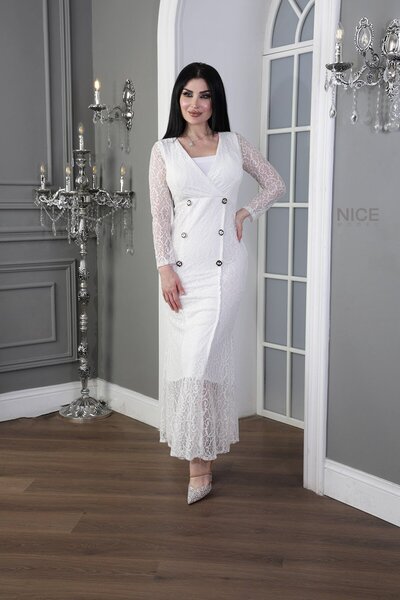 TREN Elegant White Lace Maxi Dress Double Breasted Long Sleeve V-Neck Evening Gown Formal Outfit