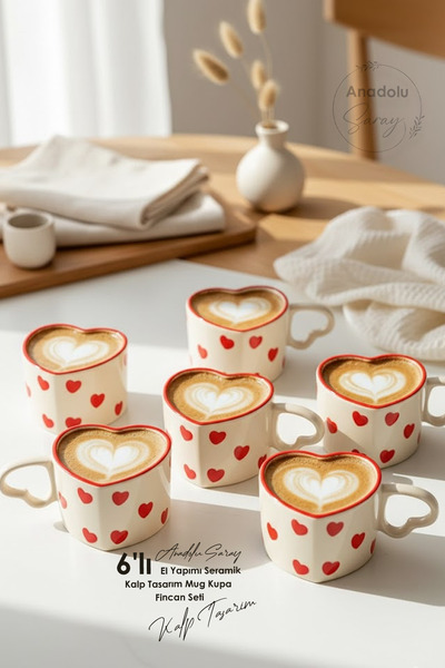 Anadolu Saray 6 Pcs Handmade Ceramic Heart Design Set of 6 Mugs – Coffee and Tea Cup