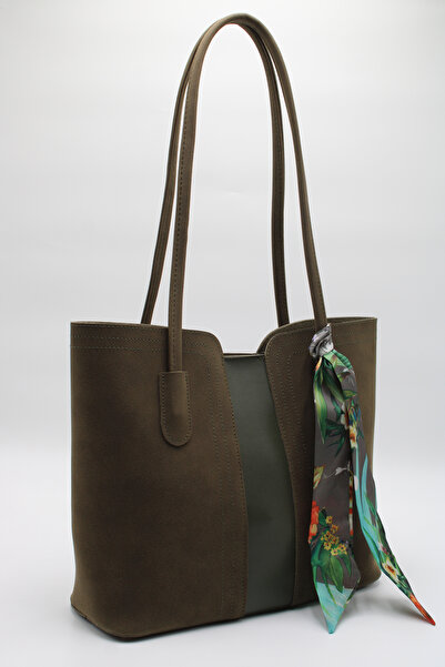 LASSO Women's Large Size Khaki Scarf Detailed Puppy Suede Leather Hand, Arm and Shoulder Bag