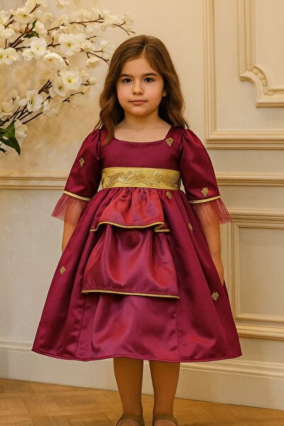 La reina petite Royal dark berry dress with gold embroidery for girls – a lux...