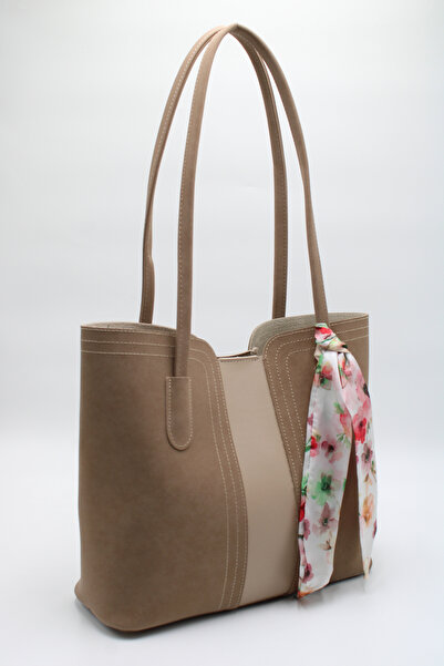 LASSO Women's Large Size Beige Scarf Detailed Puppy Suede Leather Hand, Arm and Shoulder Bag