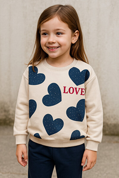 YUMİYUMM 4-10 Years Old Girl Two-Thread Sh Fleece-Lined Heart Patterned Double Set