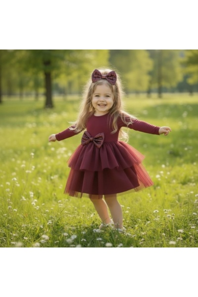 Milon Moda 2'li Bordo Hayal Tül Elbise, Pulpayet Fiyonk ve Toka