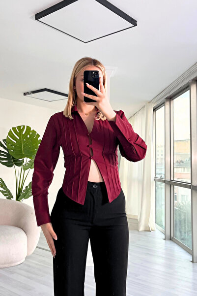 VİSKALİ Düğme Detaylı Dekolteli Poplin Bordo Gömlek