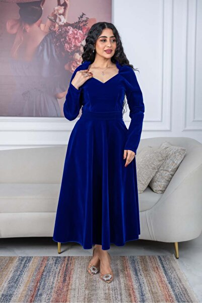 TREN Royal Blue Velvet Maxi Dress Women Long Sleeve V-Neck Winter Evening Gown Formal Outfit