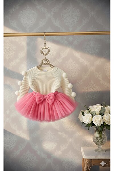 kokosh _ kidss burcu sapmaz Girl's Pink Pom-Pom Sweater and Tutu Skirt Set