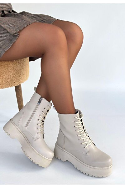 KAZAX Μπότες Jonni Beige Δερμάτινες με κορδόνια