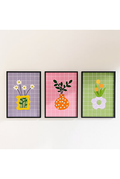 NT Handmade Laminated Framed Pvc Protected 3-Piece Minimalist Floral Pattern Decorative Uv Printing Mdf Wall Painting Set