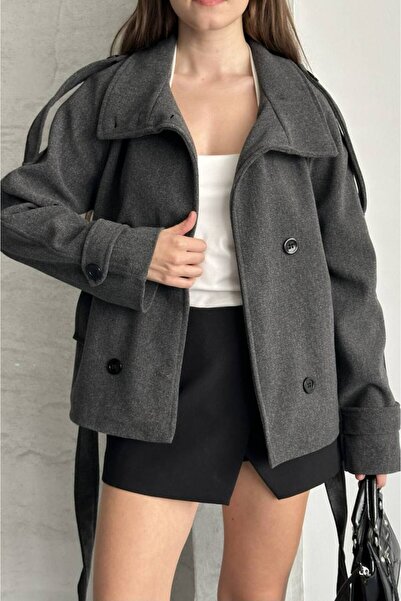 asyadabutik Women's Mock Neck Belted Short Lined Cashmere Coat