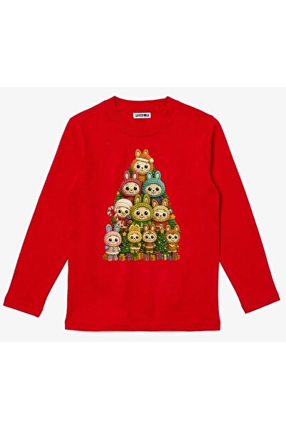 Efendioğlu Design Uzun kollu Yılbaşı ağacı labub baskılı yeni yıl çocuk t-shirt