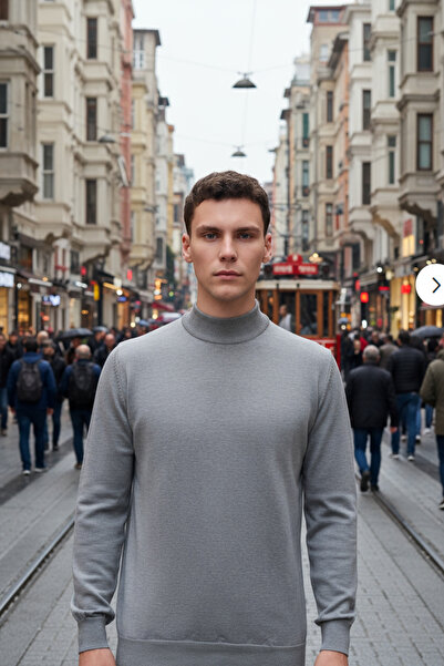 STYLENEST Men's Soft Textured Non-Pilling Gray Half Turtleneck Knit Sweater